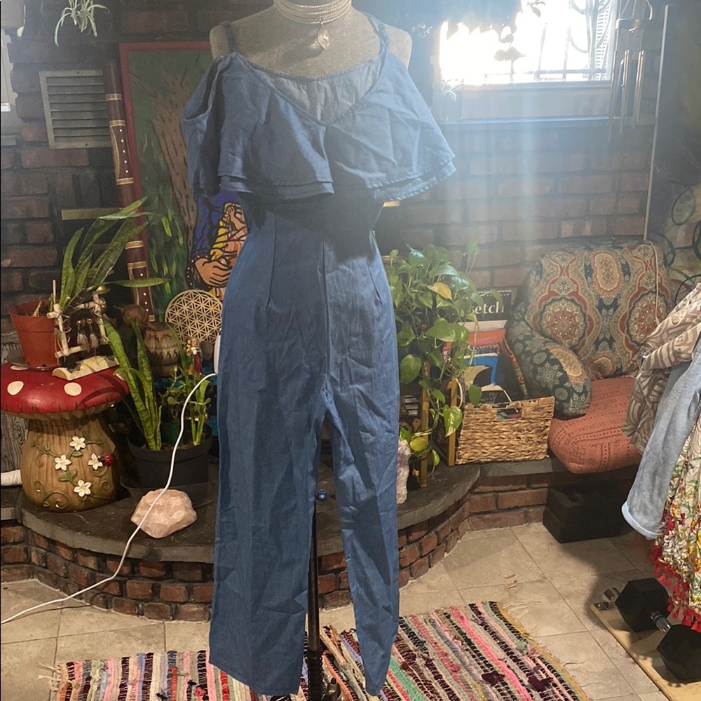 Blue Off-Shoulder Jumpsuit with Puffy Sleeves